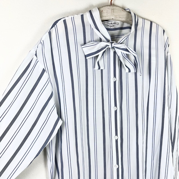 Elizabeth and James Tie Neck Button Down Shirt Blue White Striped Long Sleeve - Picture 4 of 7